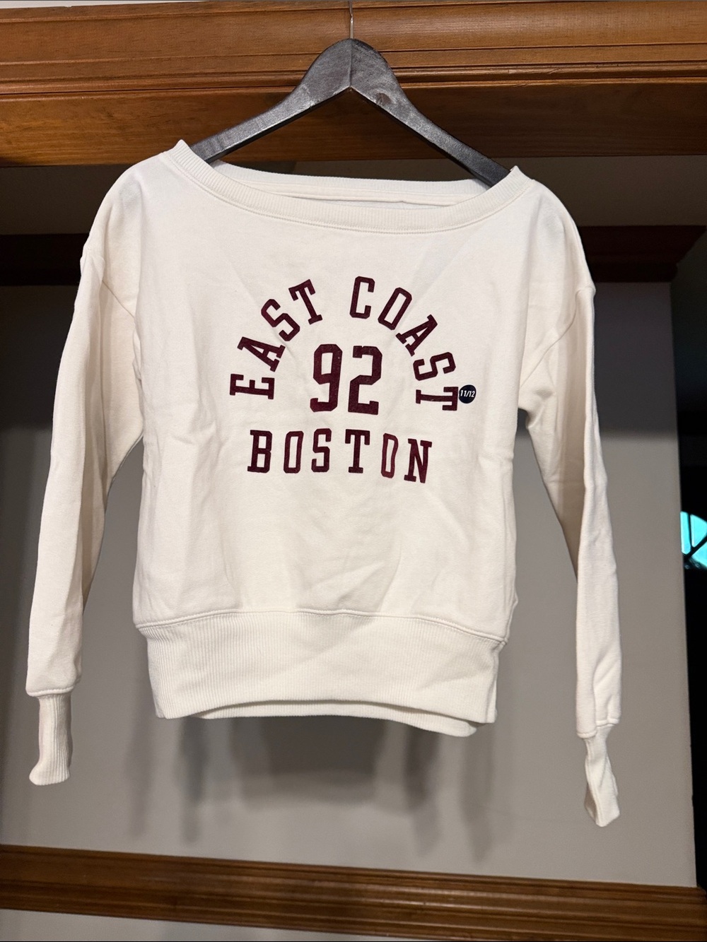 abercrombie kids Off-Shoulder Sweatshirt - White with Burgundy Print
